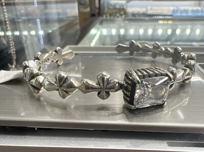 Solid 925 STERLING SILVER CUFF Bangle  BRACELET BIKER WHITE CZ CROSS Lady Unisex - Image 1 of 4