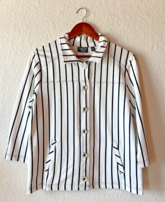Onque Casual Jacket Black & White Striped w/ Glitter Buttons & Pockets Women Med - Image 1 of 4