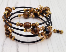 Gold Plated Bead & Tiger's Eye Gemstone Memory Wrap Bracelet - Made in the UK