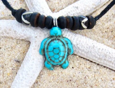TURTLE NECKLACE CHARM PENDANT CHOKER BLUE STONE CORD WOOD BEADS BEACH MENS WOMEN - image 1 of 4