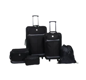 5 PIECE LUGGAGE SET Wheeled Check and Carry Black/Blue/Purple - Picture 1 of 15