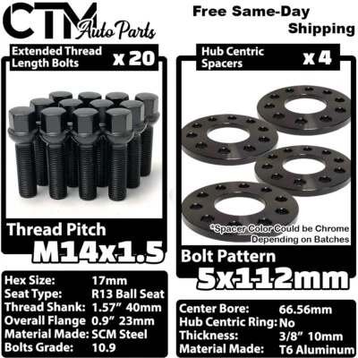 4x 10mm Thick 5x112 66.56mm CB Wheel Spacer w/o Hub Lip Black Bolt Fit Mercedes - Image 1 of 4