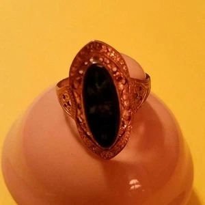 RARO ANELLO DONNA VINTAGE PIETRA SCURA TAGLIO ROSA CAMMEO SCUDO DESIGN FASCIA 14kt GE - Foto 1 di 1