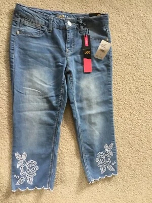 ¡NUEVO CON ETIQUETAS! Jean vaquero floral Lee Girls talla 12 capri súper elástico cintura ajustable Foto 1 de 4