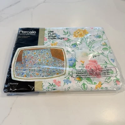 Nueva hoja vintage JCPenney Twin plana Julieta percal floral blanca rosa amarilla Foto 1 de 4