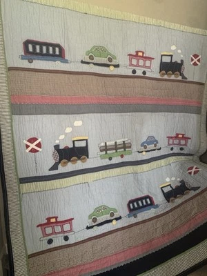 Pottery Barn Kids Patchwork Railroad Train Blue Multicolor Twin Quilt Hobo RYDER - Image 1 of 4