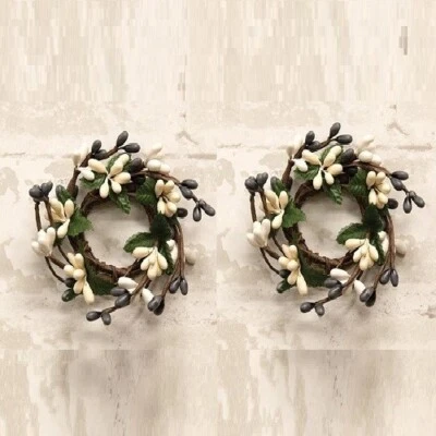2 Country Primitive Farmhouse Mix Mini Pip Berry Taper Candle Rings Gray & White - Image 1 of 4