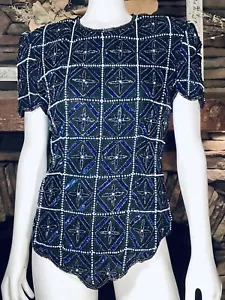Laurence Kazar Womens Vintage Beaded and Sequin Silk Evening Cocktail Blouce Med - Picture 1 of 9