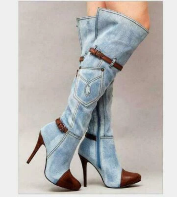 Women's Sexy Denim Over Knee Thigh Boots Stilettos High Heel Pointed Boots Magic - Image 1 of 3