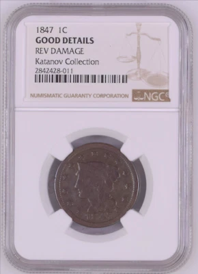 1847 1C  BRAIDED HAIR CENT NGC GOOD DETAILS REV DAMAGE - Image 1 of 4