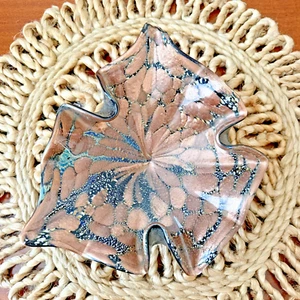 Murano Style Hand Blown Art Glass Leaf Dish Ashtray Black Copper 8” x 8” Flaw - Picture 1 of 11