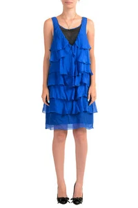 Just Cavalli Women's Frilled Blue 100% Silk Shift Dress US S IT 40 - Picture 1 of 5