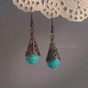 Large Big Blue Turquoise Howlite Earrings Copper Hooks Boho Handmade Jewelry - Picture 1 of 2