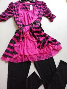 Girls Trend Zone Belted Pink Black Striped Lace Ruffles Top & Legging Set L (14) - Picture 1 of 10