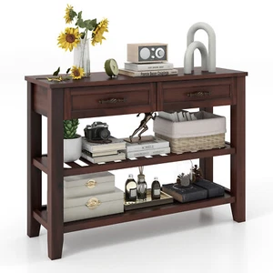 3-Tier Narrow Long Sofa Side Table Solid Wood Legs Console Table with 2 Drawers - Picture 1 of 10