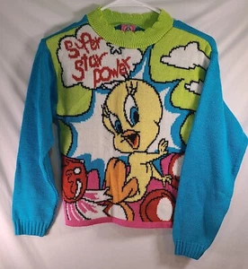 Girls Large 10/12 Looney Tunes Tweety Knit Sweatshirt Super Star Power Colorful - Picture 1 of 5