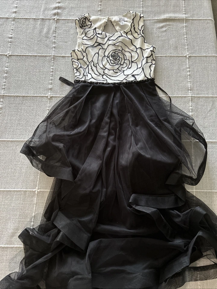 Kids Black and White Floral Dress with Sheer Overlay with Seed Bead Accents - Image 1 of 4