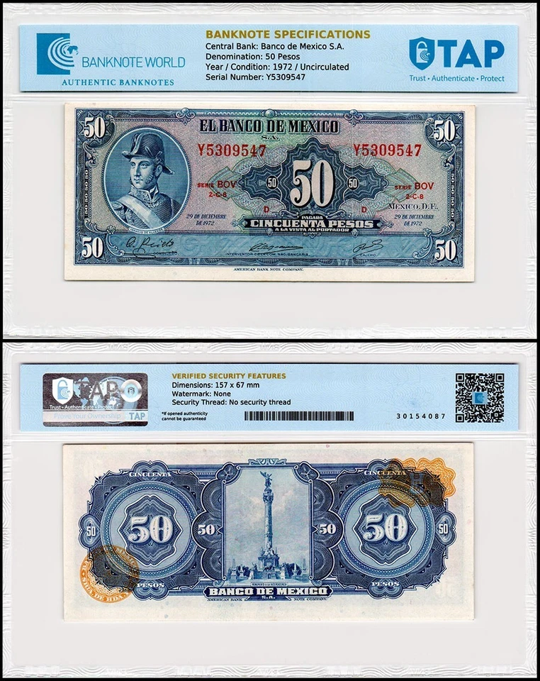 Billete de 50 pesos de México, 1972, P-49u, UNC, autenticado Foto 1 de 1