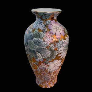 Florero vintage dorado peonía porcelana chinoiserie rosa verde azulado TOYO 8 pulgadas - Imagen 1 de 10