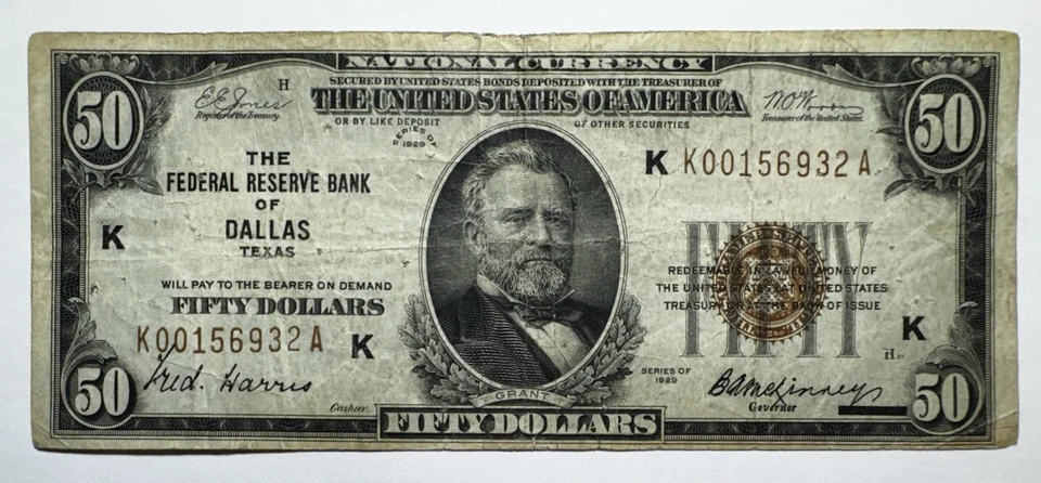 1929 $50 Federal Reserve Bank of Dallas, Texas - Image 1 of 2
