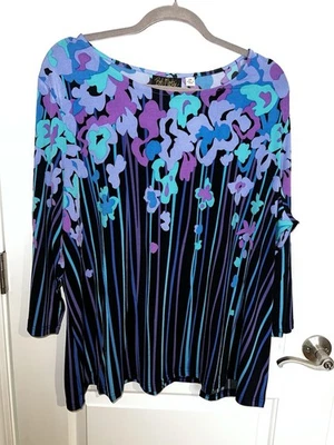 Blusa Jersey Bob Mackie Para Mujer Nueva con Etiquetas Púrpura Floral Rayas Talla Grande 2X Foto 1 de 4
