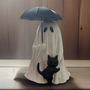 Halloween Resin Ghost Holding Umbrella With Black Cat Table Decor Viral Tiktok - Picture 1 of 2