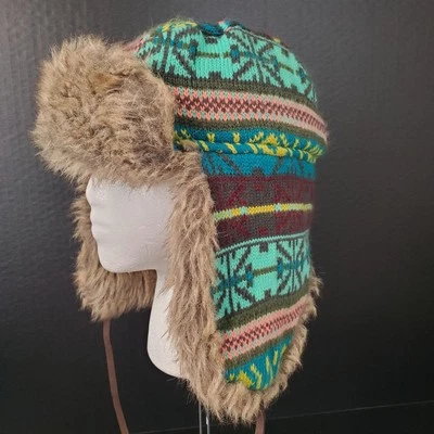 Mossimo Women's Trapper Hat Aztec OSFM Faux Fur Teal Cold Weather Winter Cap - Image 1 of 4