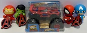 2021 Hot Wheels Marvel Spiderman 1:24 Monster Truck & 4 Super Heroes Squishys 3” - Picture 1 of 11