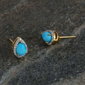 Turquoise Gemstone Diamond Pave Women Stud Earrings Ethnic Fine Gift Jewelry - Picture 1 of 7
