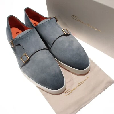 Sapatos sociais Santoni novo com etiquetas bankável alça dupla monge tamanho 10 EUA 11 em camurça azul - Imagem 1 de 4