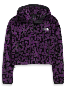 North Face Womens Printed Osito 1/4 Zip Hoodie Crop Purple Leopard Print SZ M - Picture 1 of 8