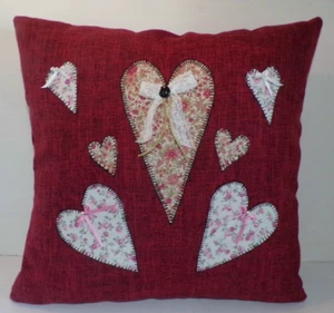 Valentine's Day Decorative Pillow, Handmade Fabric Hearts, One of a Kind Pillow, - Picture 1 of 5