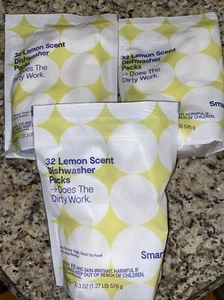 Lot of 3 Smartly Lemon Scent Detergent Dishwasher Packs 32 packs per bag - Picture 1 of 2