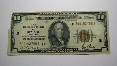 $100 1929 New York City NYC National Currency Note Federal Reserve Bank RARE! - Image 1 of 3