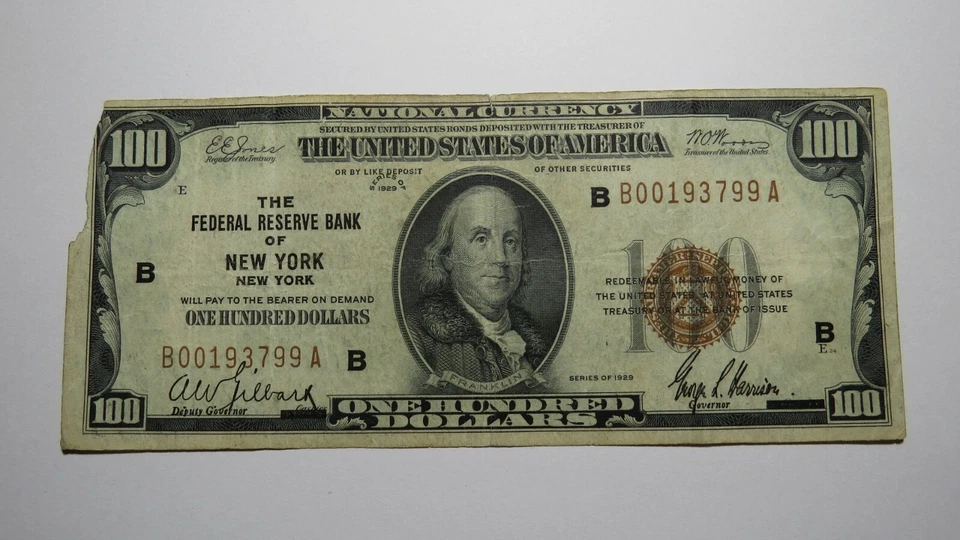 $100 1929 New York City NYC National Currency Note Federal Reserve Bank RARE! - Image 1 of 3