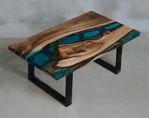 48" x 24" Maßgefertigt Blau Epoxidharz Holz Fluss Stil Kaffee Cocktail Tischplatte - Bild 1 von 2