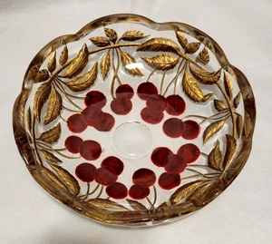 Goofus Glass Bowl Recessed Red CHERRIES Gold Stems Leaves Antique - Picture 1 of 18