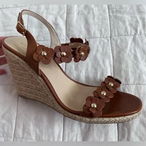Kate Spade Brown Leather Strappy Floral Tisdale Espadrille Wedge Sandals Boho-8M - Picture 1 of 8