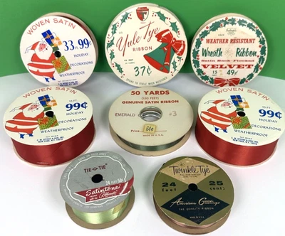Vintage Christmas Ribbon- Fun Label Graphics & Names- Lot of 8 Paper Spools - Image 1 of 4