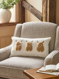 Next Pillow Cushion Hamish The Highland Cow Trio Cream Brown Rectangle Bouclé - Picture 1 of 5