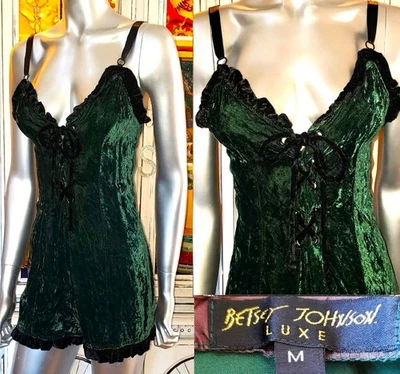 Mono de Colección Betsey Johnson Lujo Verde Terciopelo Con Cordones Volantes Vestido Mameluco M Foto 1 de 4