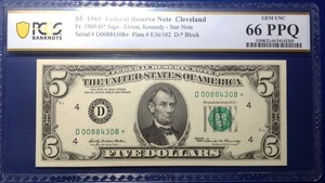 1969 $5 Federal Reserve Note Fr-1969-D* Cleveland PMG66PPQ Gem - Picture 1 of 2