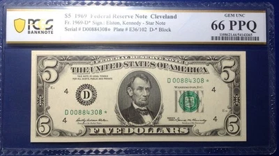 1969 $5 Federal Reserve Note Fr-1969-D* Cleveland PMG66PPQ Gem - Image 1 of 2
