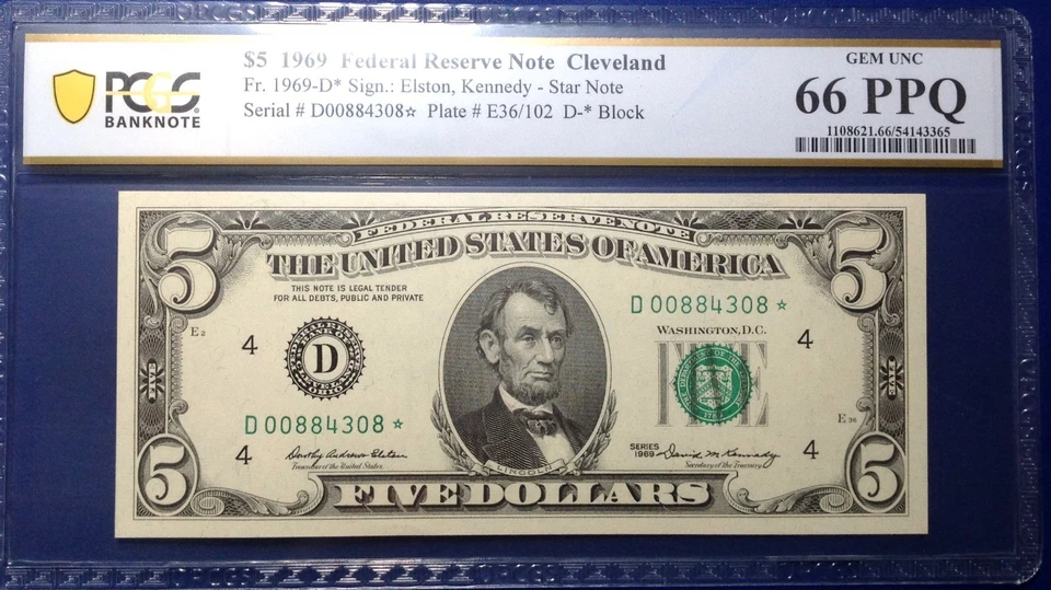 1969 $5 Federal Reserve Note Fr-1969-D* Cleveland PMG66PPQ Gem - Image 1 of 2