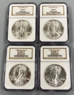 4 NGC MS69 US 1ozt Silver Eagle $1 1986 1987 1988 1989 L23336 - Image 1 of 4