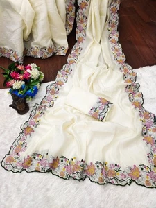 Indian Designer Pure Soft Tussar Silk Saree With Blouse For Wedding & Function - Picture 1 of 23