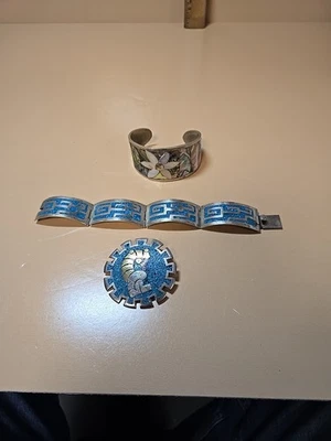 VTG Cuff,link Bracelets,brooch  Mother of Pearl Mexican Silver Abalone Inlay Lot - Image 1 of 4