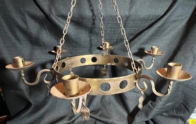 Antique Old Wrought Iron Swedish 6 Candle Hanging Chandelier Lamp Light Swedish - Image 1 of 4