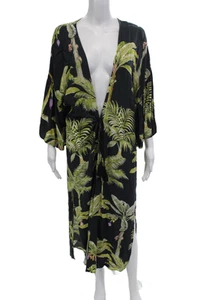 Malai Womens Floral Print Tie Front 3/4 Sleeve Swim Cover Up Black Green Sz M/L - Picture 1 of 6