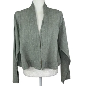FLAX Cropped Cardigan Jacket Size M Open Front Lightweight Linen Green Long Slv - Picture 1 of 6